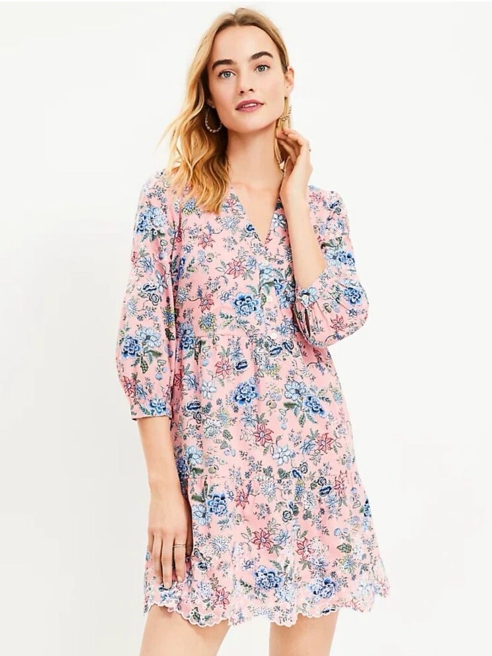 LOFT Pink Floral V-Neck Dress with Blue & Green Blooms 0